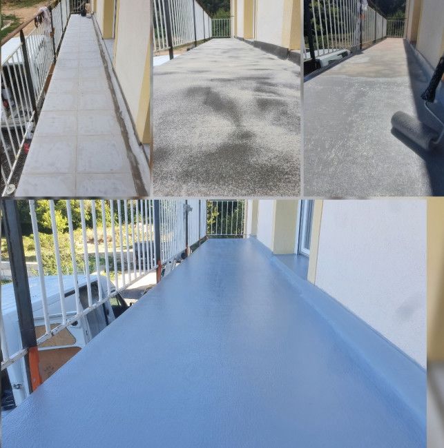 Application de résine liquide d'étanchéité à froid sur un balcon